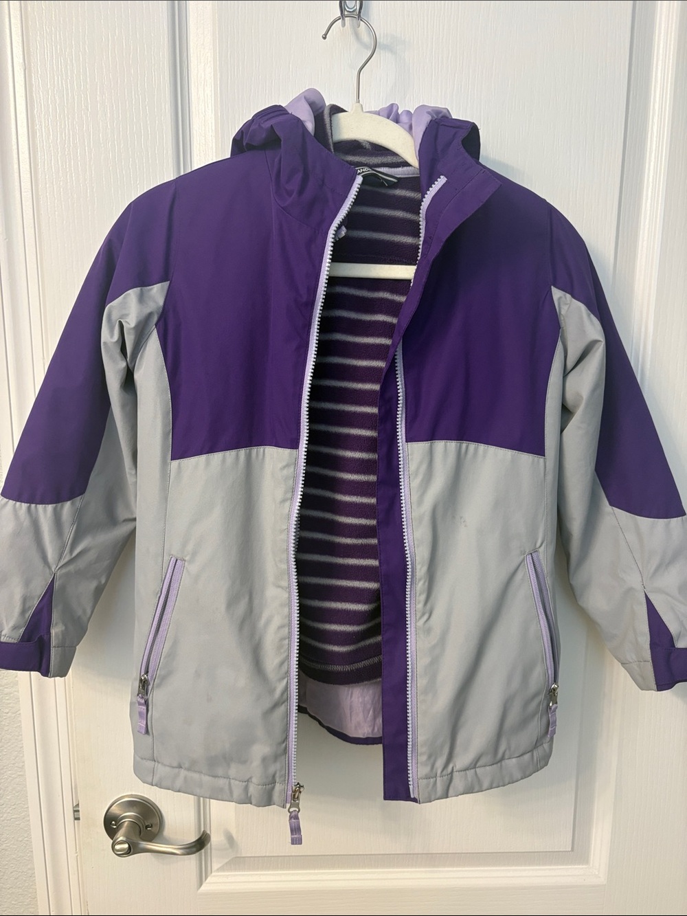 Lands' End Purple and Light Gray Girls' Hooded Puffer Jacket